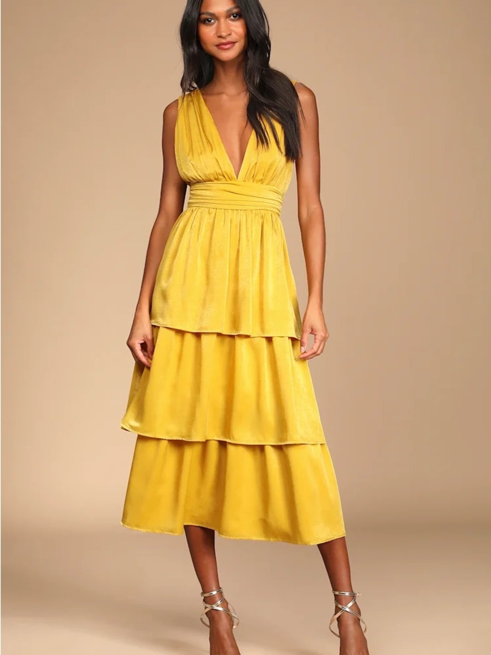 Lulu's Peak Party Yellow Tiered V-Neck Midi Dress